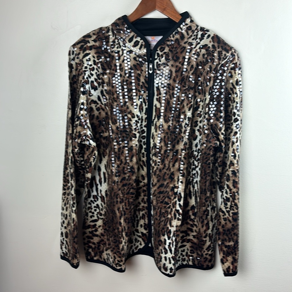 NWOT Quacker Factory Sparkle Shine  Zipper Front Jacket Leopard XL A226198